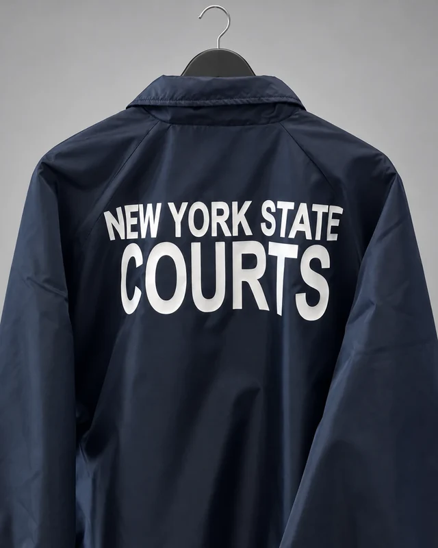 Upper back of a navy jacket with white New York State Courts vinyl lettering against a gray studio background