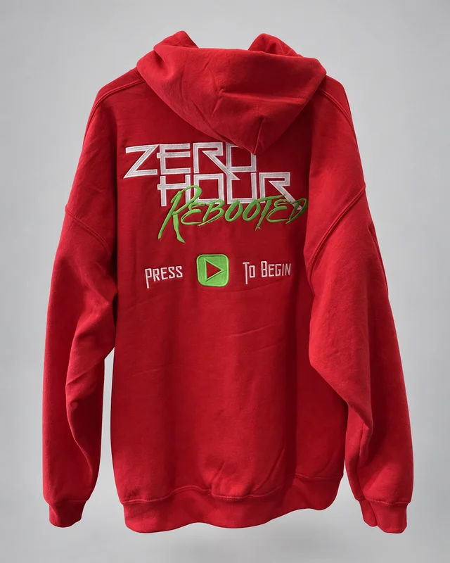 Red hoodie with Zero Hour Rebooted embroidery