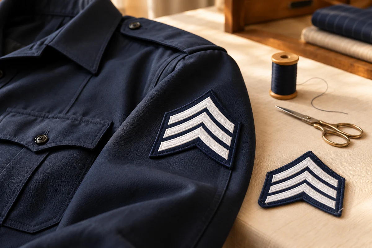 Illustrative detail of a navy uniform shirt with sewn rank insignia